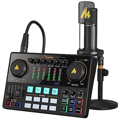 MAONO AME2A Podcast Equipment Bundle, Audio Interface and XLR Condenser Mic | 48V phantom power, Bluetooth, 11 custom sound pads, podcast recording, YouTube/TikTok live streaming, PC and home creators