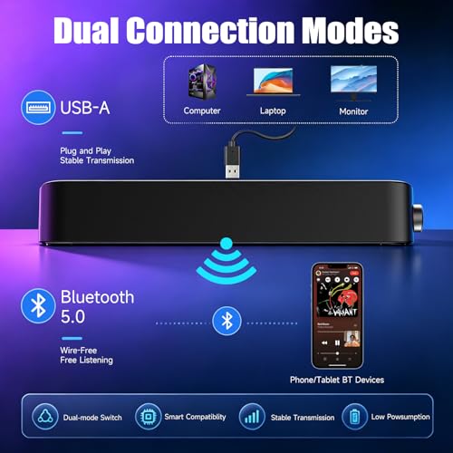Computer Soundbar, Desktop Speakers with 6 Drivers, High-Fidelity Stereo for Music/Movies/Games, USB & Bluetooth 5.0 Dual Mode, Slim Design for PC/Mac/Monitor/Laptop