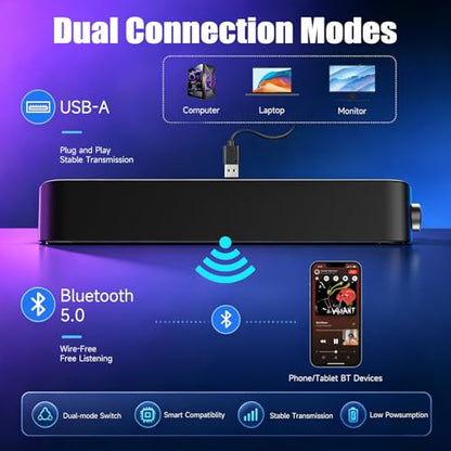 Computer Soundbar, Desktop Speakers with 6 Drivers, High-Fidelity Stereo for Music/Movies/Games, USB & Bluetooth 5.0 Dual Mode, Slim Design for PC/Mac/Monitor/Laptop