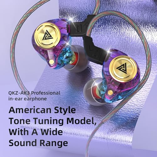 QKZ AK3 Transparent Dynamic Resin Headphones DJ Monitor Earbuds - 3.5mm Wired in-Ear Earphones with Mic Hi-Fi Stereo Heavy Bass Headset for Sports/Gaming/Gym (Purple) - color: Purple