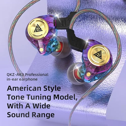 QKZ AK3 Transparent Dynamic Resin Headphones DJ Monitor Earbuds - 3.5mm Wired in-Ear Earphones with Mic Hi-Fi Stereo Heavy Bass Headset for Sports/Gaming/Gym (Purple) - color: Purple