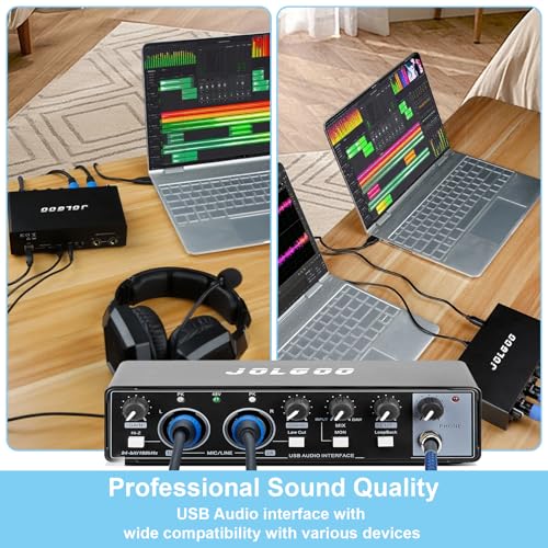 Jolgoo 2x2 USB Audio Interface, 24-Bit/192kHz Phantom Power Recording Card | 24-Bit/192kHz Studio Quality, +48V Phantom Power, Low Latency, for Recording and Podcasting