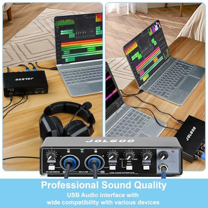 Jolgoo 2x2 USB Audio Interface, 24-Bit/192kHz Phantom Power Recording Card | 24-Bit/192kHz Studio Quality, +48V Phantom Power, Low Latency, for Recording and Podcasting