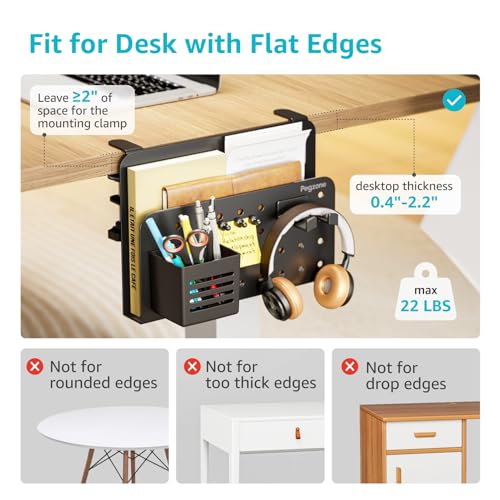 Desk Side Storage Organizer, Fits Flat Edge 0.4" to 2.2", Black | No Drill Under Desk Laptop Holder, Clamp on Desks Shelf with Pegboard Accessories, Hanging Laptop Mount - color: Black