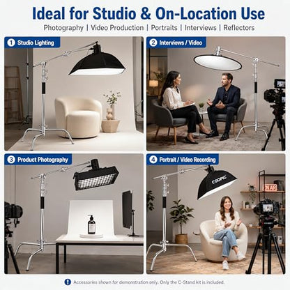3-Pack Heavy Duty C-Stands Kit, 6.9ft Stainless Steel Stands with 34.6in Boom Arms, 6 Grip Heads and TB-130 Wheeled Rolling Case for Studio Lighting - size: 210CM C Stand 3 Pack with TB-130