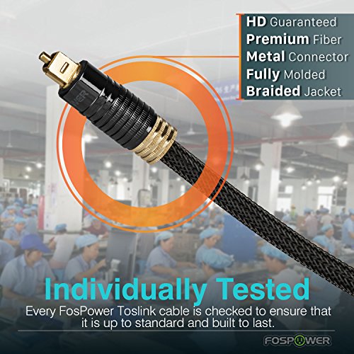 FosPower 24K Gold Plated Toslink Digital Fiber Optical Audio Cable (S/PDIF) - [Zero RFI & EMI Interference] Metal Connectors & Ultra Durable Nylon Braided Jacket (6ft) - size: 6FT