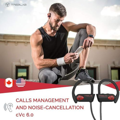 TREBLAB XR500 Bluetooth Running Headphones, IPX7 Waterproof, Noise Cancelling, Secure-Fit, Wireless Sport Earbuds with Mic