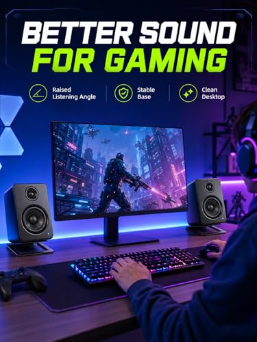 U-Z2 【2PACK】 Desktop Speaker Stands Pair for Small Speakers, Tilted Steel Tabletop Stands with Foam Padding, Fits Compact Studio Monitors, Computer Speakers (A/Black) - color: A/Black