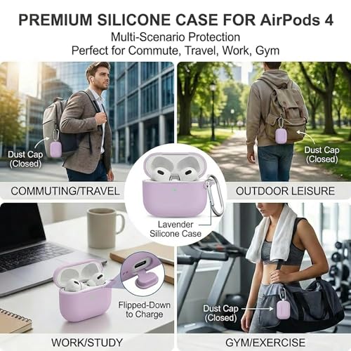 Silicone Case Cover for AirPods 4th Gen, Soft Skin with Cleaner Kit, Keychain, Full Protection for Men & Women (Lavender) - color: B5-Lavender