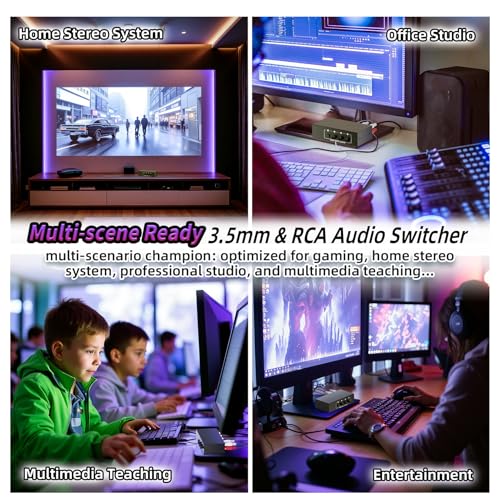 4-Way RCA L/R & 3.5mm Stereo Audio Switcher Bi-Directional Switch Selector | 4 in 1 out passive a/b Analog Stereo Audio Switcher Selector 1 in 4 out Audio Splitter Only one output plays at a time