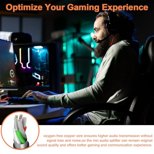 ABCPOW Headphone Mic Splitter for Computer PC Laptop, 3.5mm Female to 2 Dual Male Microphone Y Splitter Cord Aux Splitter 1 in 2 Out Audio Stereo Jack Earphones Port Cord Gaming Headset Adapter
