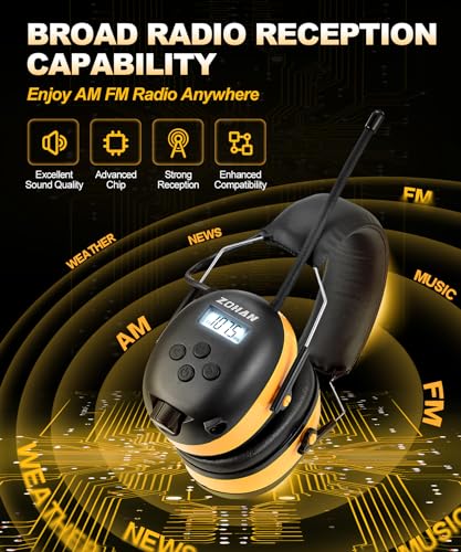 ZOHAN AM/FM Radio Headphone with Digital Display,Ear Protection Noise Reduction Earmuffs,Comfortable Hearing Protector - color: Yellow, style: Radio