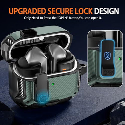 Safety Lock Case for Samsung Galaxy Buds3 FE/3/3 Pro (Green) | with Phone Stand,with Secure Lock Clip & Cleaning kit Full Body Shockproof Carbon Fiber Protection Design - color: C-Green