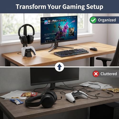 Headphone and Controller Stand Gaming Headset Stand Metal | Headphone Stand with Controller Holder Creative Gift for Teens, Gamers, Gaming Equipment Accessories for Desk Black