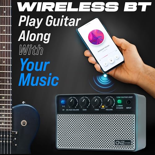 Rechargeable Wireless BT Mini Bass Guitar Amplifier 10 Watt Practice Amp 10,000Ah Battery, BT or Aux Input, Headphone Out, Clean, Gain, Tone & Volume Knobs, Dual Full Frequency Speakers