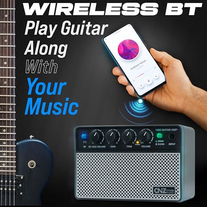 Rechargeable Wireless BT Mini Bass Guitar Amplifier 10 Watt Practice Amp 10,000Ah Battery, BT or Aux Input, Headphone Out, Clean, Gain, Tone & Volume Knobs, Dual Full Frequency Speakers