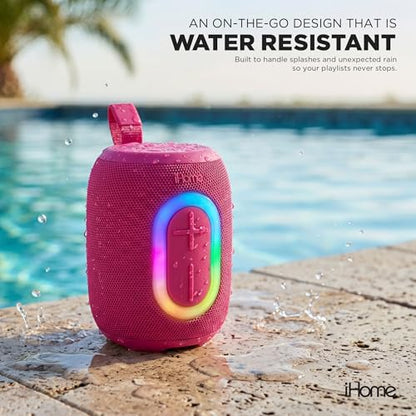 iHome Quest Wireless Portable Bluetooth Speaker with RGB Light | Water-Resistant, Built-In Carry Strap, TWS Pairing, Rechargeable Battery, USB-C Cable Included, True Stereo, Bluetooth 5.3 - color: Pink