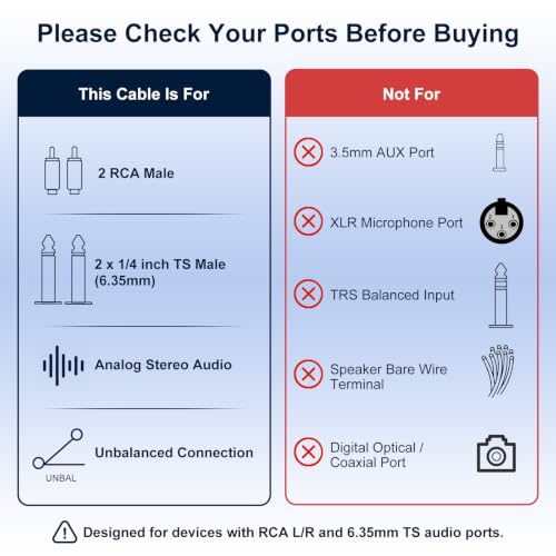 J&D 1/4 to RCA Cable, Gold Plated Copper Shell Heavy Duty 2X6.35mm TS to Dual RCA Stereo Audio Interconnect Cord for AV Receivers, Speakers, Home Audio Systems, Amplifiers, 25 Feet - size: 25 Feet
