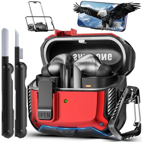Safety Lock Case for Samsung Galaxy Buds3 FE/3/3 Pro (Red) | with Phone Stand,with Secure Lock Clip & Cleaning kit Full Body Shockproof Carbon Fiber Protection Design - color: D-Red