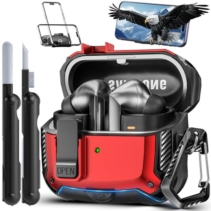 Safety Lock Case for Samsung Galaxy Buds3 FE/3/3 Pro (Red) | with Phone Stand,with Secure Lock Clip & Cleaning kit Full Body Shockproof Carbon Fiber Protection Design - color: D-Red
