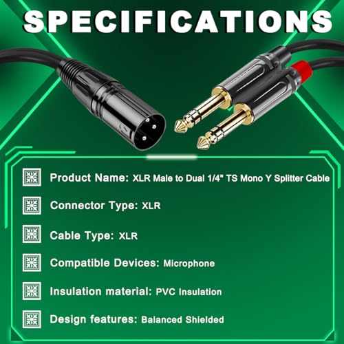 XLR Male to Dual 1/4" 6.35mm TS Mono Y Splitter Adapter Microphone Cable Quarter Inch Plug Audio Connector Metal Shell with Fastening Nylon Strap, for Mixer Amplifier (1.4Ft) - color: XLR to Dual TS