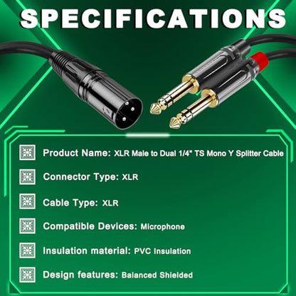 XLR Male to Dual 1/4" 6.35mm TS Mono Y Splitter Adapter Microphone Cable Quarter Inch Plug Audio Connector Metal Shell with Fastening Nylon Strap, for Mixer Amplifier (1.4Ft) - color: XLR to Dual TS
