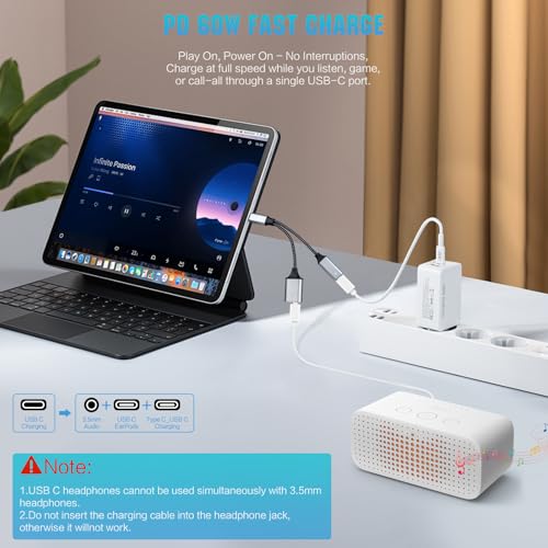 USB-C to 3.5mm Headphone Adapter, Supports 60W PD Fast Charging, 3-in-1 Type-C to AUX, Type-C Audio Interface and USB-C Charging, Hi-Fi DAC Sound Quality, Compatible with iPhone 15 and Samsung S24.