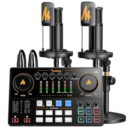 MAONO E2 Gen2B Podcast Equipment Bundle for 2, Dual XLR Condenser Mic Mixer