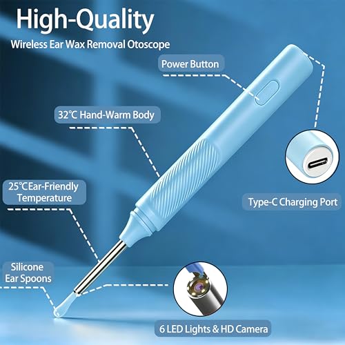 Ear Wax Removal Kit, Ear Cleaner with Camera, 1080P HD Ear Camera with Light, Ear Cleaning Camera Ear Pick Set, Ear Wax Removal Tool Camera Compatible with iOS & Android(Blue) - color: Blue