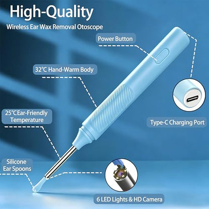 Ear Wax Removal Kit, Ear Cleaner with Camera, 1080P HD Ear Camera with Light, Ear Cleaning Camera Ear Pick Set, Ear Wax Removal Tool Camera Compatible with iOS & Android(Blue) - color: Blue