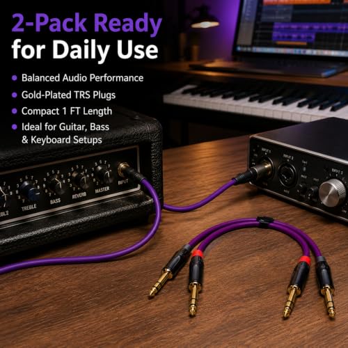 1/4 Inch TRS Instrument Cable 1ft 2-Pack, Purple OFC 24K Gold-Plated Patch Cable, Balanced Stereo for Guitar Bass Keyboard Mixer Pedalboard, for Fender Marshall Yamaha Roland Boss