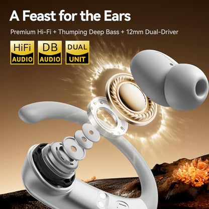 Sport Earbuds with Ear Hook 66hrs Playtime with LED Display Case, Wireless Bluetooth 6.0, Sports Over The Ear Earbuds, IPX4 Gym Workout Running Headphones, Deep Bass & Stereo Sound. - color: Gary
