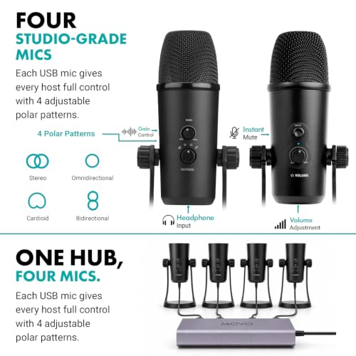 Movo 4-Person USB Podcast Equipment Bundle – 4 Condenser Mics, Hub & Case - color: Black