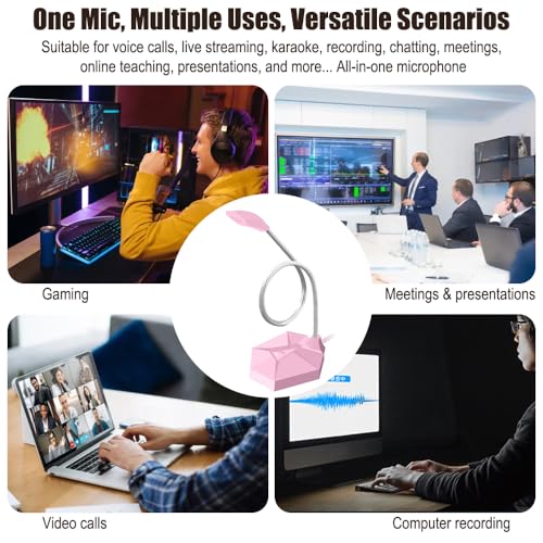 3.5 mm Jack Computer Microphone, Plug &Play Desktop Omnidirectional Condenser PC Laptop Mic, Ideal for Recording, Gaming, Streaming, Podcast Microphone, Pink