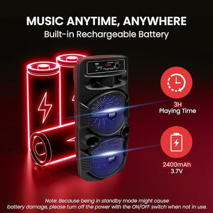Portable Bluetooth PA Speaker System - 600W Rechargeable Outdoor Bluetooth Speaker Portable PA System w/Dual 8” Subwoofer 1” Tweeter, Microphone in, Party Lights, USB, Radio, Remote - Pyle PPHP2835B - color: Raven