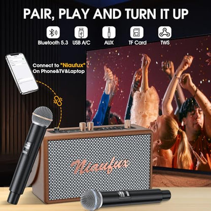 Karaoke Machine, Retro-Design Speaker with 2 Wireless Microphones for Adults & Kids, Portable Karaoke System for Home Party, Bluetooth/AUX/USB/TF/TWS Support, Gifts for Women & Girls - Brown - style: Brown