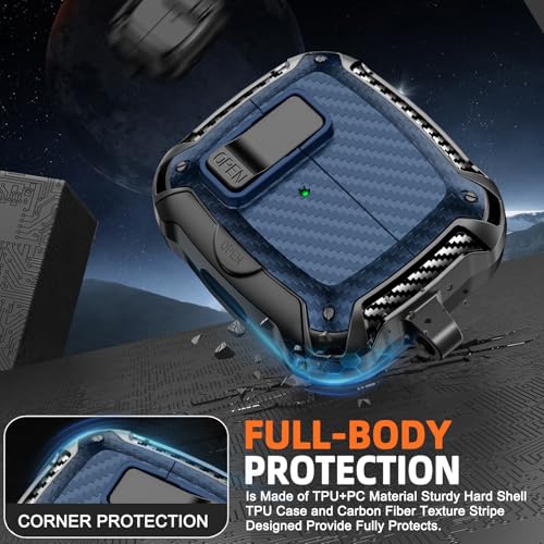 Safety Lock Case for Samsung Galaxy Buds3 FE/Pro/3 (Blue) | Compatible with MagSafe, Carbon fibre texture Design,with Phone Stand& Cleaning kit,Keychain, - color: A-b-Blue