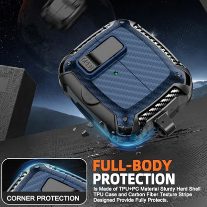 Safety Lock Case for Samsung Galaxy Buds3 FE/Pro/3 (Blue) | Compatible with MagSafe, Carbon fibre texture Design,with Phone Stand& Cleaning kit,Keychain, - color: A-b-Blue