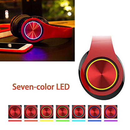 Wireless Bluetooth Headphones with Colorful LED Lights, Red Black | HiFi Stereo Sound,Light Weight,Foldable,Colorful Backlit,Rechageable,Over Ear Headset for PC/Travel/Class/Office/Kids/Adult - color: Red Black