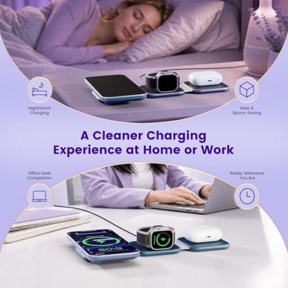 15W Magnetic Travel Charging Station, 3-in-1 Foldable MagSafe Charger | Wireless Charger for Apple Multiple Devices - iPhone Air 17 16 15 14 13 20 Pro Max, Watch & AirPods - Navy Blue - color: Navy Blue
