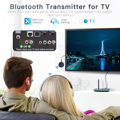 Bluetooth 5.3 Transmitter for TV/Airplane to Wireless Headphones | 2-in-1 Wireless Audio Receiver Adapter for Home Stereo/Speakers/Car System, 3.5mm AUX/RCA Jack, Dual Link, Low Latency, 16H