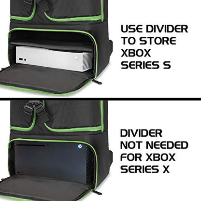 ENHANCE Console Gaming Backpack Compatible with Xbox Series X , Series S - Series X Carrying Case with Compartments for Controllers, Games & Accessories - Headset Storage , Zippered Pockets