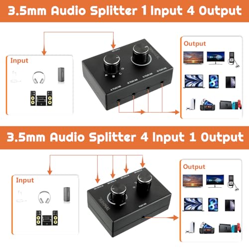 4 Ports 3.5mm Stereo Audio Switch Audio Switcher Passive Speaker Headphone Manual Selector Splitter Box Audio Sharing for CD Player LaptopHeadphone with 0.5M Audio Cable(1in-4out/4in-1out) - size: 4 Port