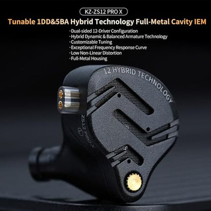 in Ear Monitor IEM Headphones,KZ ZS12 PRO X 1DD+5BA Hybrid with 4-Level Tuning Switch Gaming Earbuds,KZ Earbuds Earphones,Best in Ear Headphones (Dark Black,Tunable Version, NO Microphone) - color: Dark Black,Tunable Version, size: NO Microphone