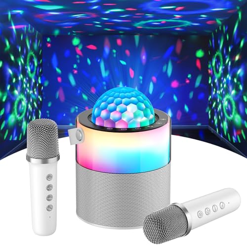 Karaoke Machine with Disco LED Lights, Mini Portable Bluetooth Speaker with 2 Wireless Microphones for Kids Adults, Birthday Gifts for Girls Boys Family Parties Travel (White) - color: White