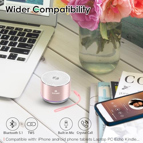 XLEADER Mini Bluetooth Shower Speaker, IPX6 Waterproof Speaker, with RGB Lights, Mic, Portable Silicone Lanyard, Suction Cup, Clear Sound&Rich Bass, 12h Playtime, Small Pink Gifts for Girls Women - color: Pink Rose Gold