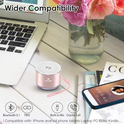 XLEADER Mini Bluetooth Shower Speaker, IPX6 Waterproof Speaker, with RGB Lights, Mic, Portable Silicone Lanyard, Suction Cup, Clear Sound&Rich Bass, 12h Playtime, Small Pink Gifts for Girls Women - color: Pink Rose Gold