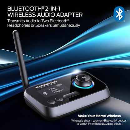 Monster Bluetooth Transmitter & Receiver, 2-in-1 Bluetooth Audio Adapter, Stream to/from NonBluetooth Devices, Stream TV to 2 Headphones, 33 ft Range, Analog & Digital, TV USB Powered, 3.5mm Aux Port
