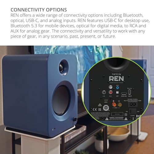 Kanto REN Blue Bluetooth Powered Bookshelf Speakers - Matte Blue Pair S6W Angled Desktop Speaker Stands for Large Speakers - White Pair (2024) - size: RENBLUE, style: S6W