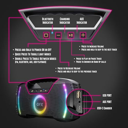 Powerful & Portable Waterproof All Terrain Bluetooth Speaker with Deep Bass, LED Party Lights, Fast USB-C Charging, FM Radio, AUX – QFX BT-ZX35 | Powerful 2.7" Full-Range Drivers, Deep Bass, Fast USB-C Charging, FM Radio, LED Party Lights, AUX/USB/TF Card